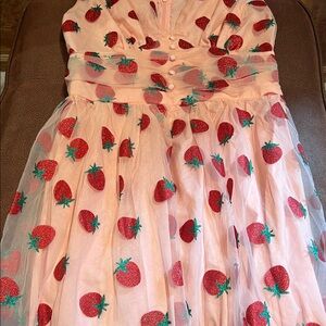 Strawberry Print Pink A-Line Party Dress